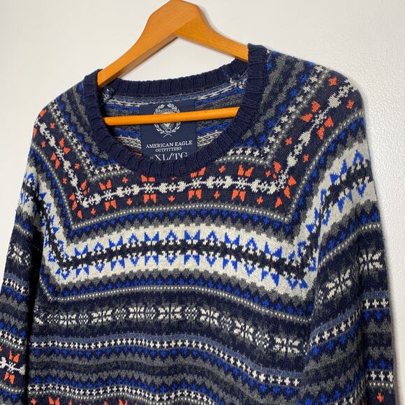 American Eagle men's blue fairisle pattern angora rabbit hair knit sweater SZ XL - Picture 7 of 11